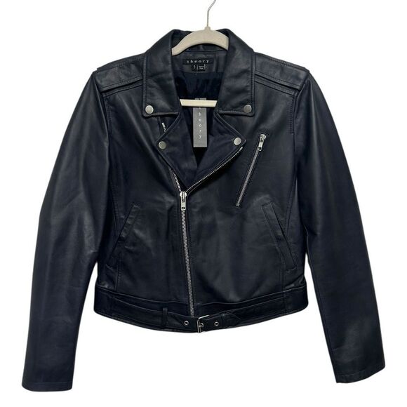 NWT Theory Speed Leather Jacket Dark Navy Blue Asymmetrical Zip Style Sahral - Picture 3 of 16